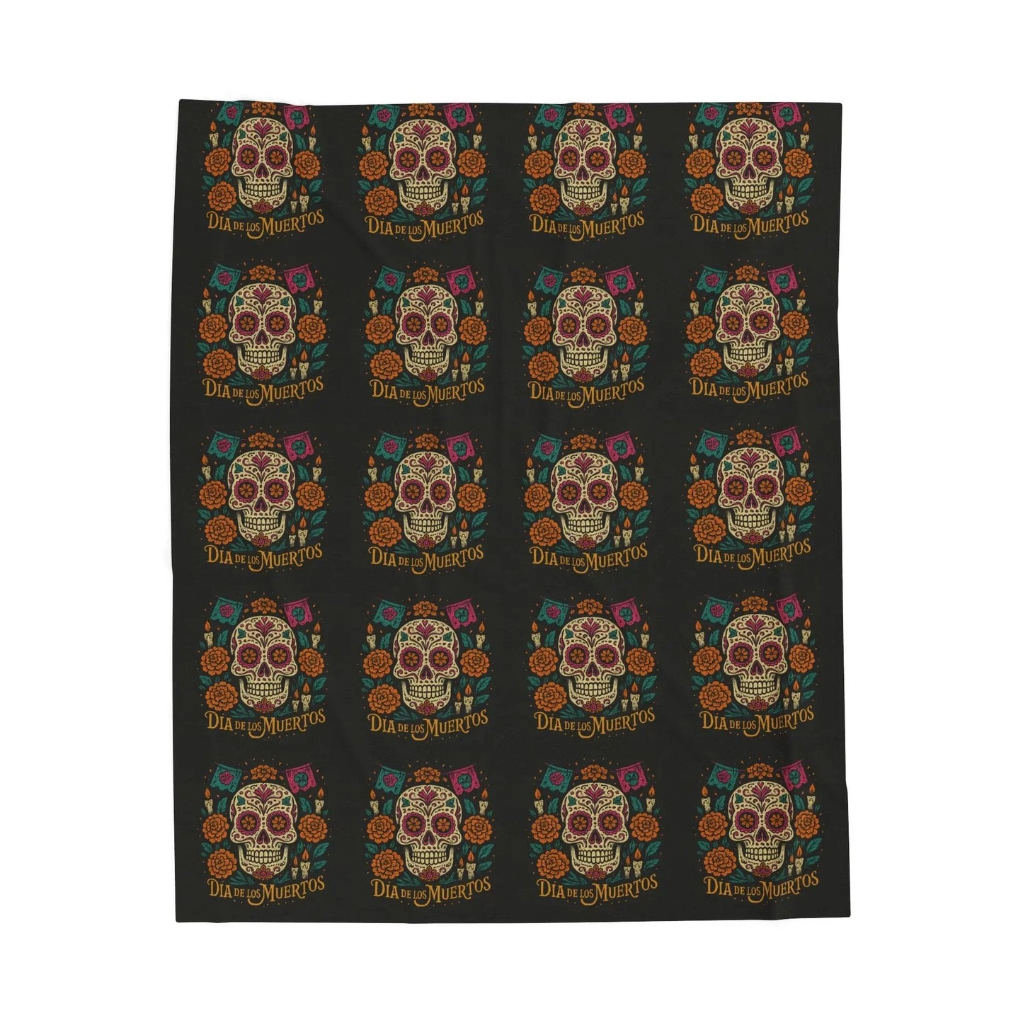 Velveteen Plush Blanket - Dia de los Muertos Skulls and Flowers Halloween Home Decor - FloofChonk