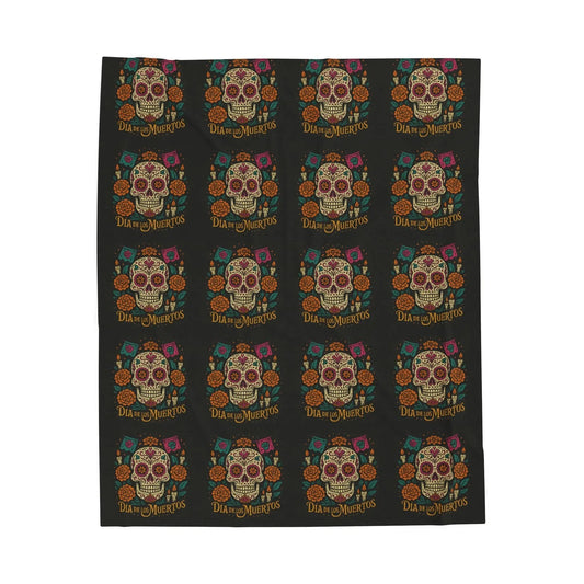 Velveteen Plush Blanket - Dia de los Muertos Skulls and Flowers Halloween Home Decor - FloofChonk