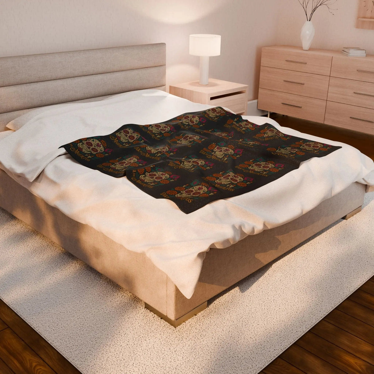 Velveteen Plush Blanket - Dia de los Muertos Skulls and Flowers Halloween Home Decor - FloofChonk