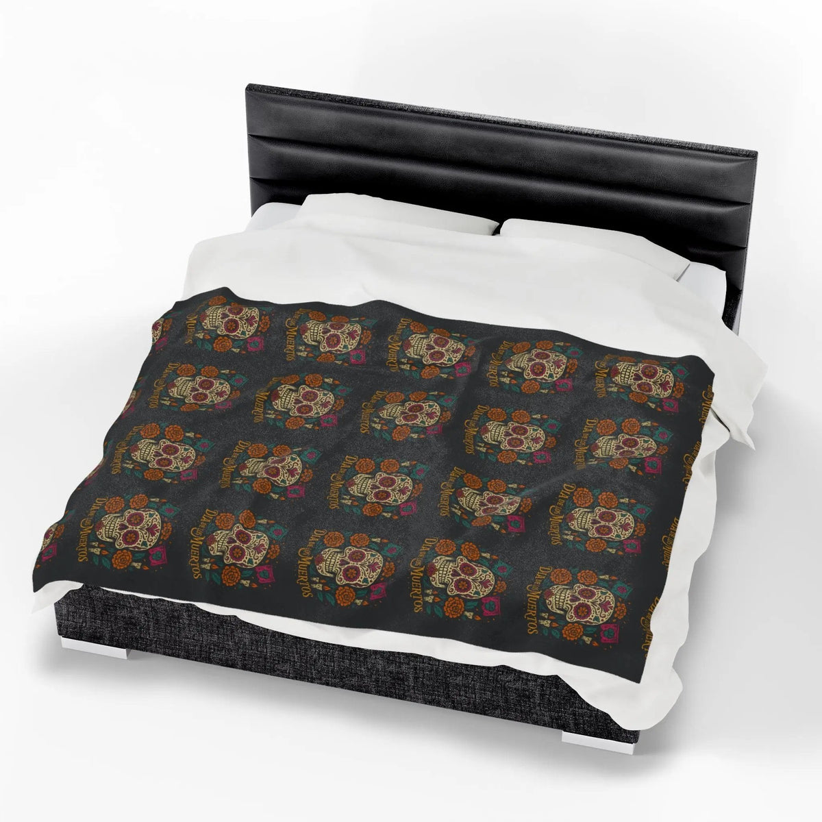 Velveteen Plush Blanket - Dia de los Muertos Skulls and Flowers Halloween Home Decor - FloofChonk