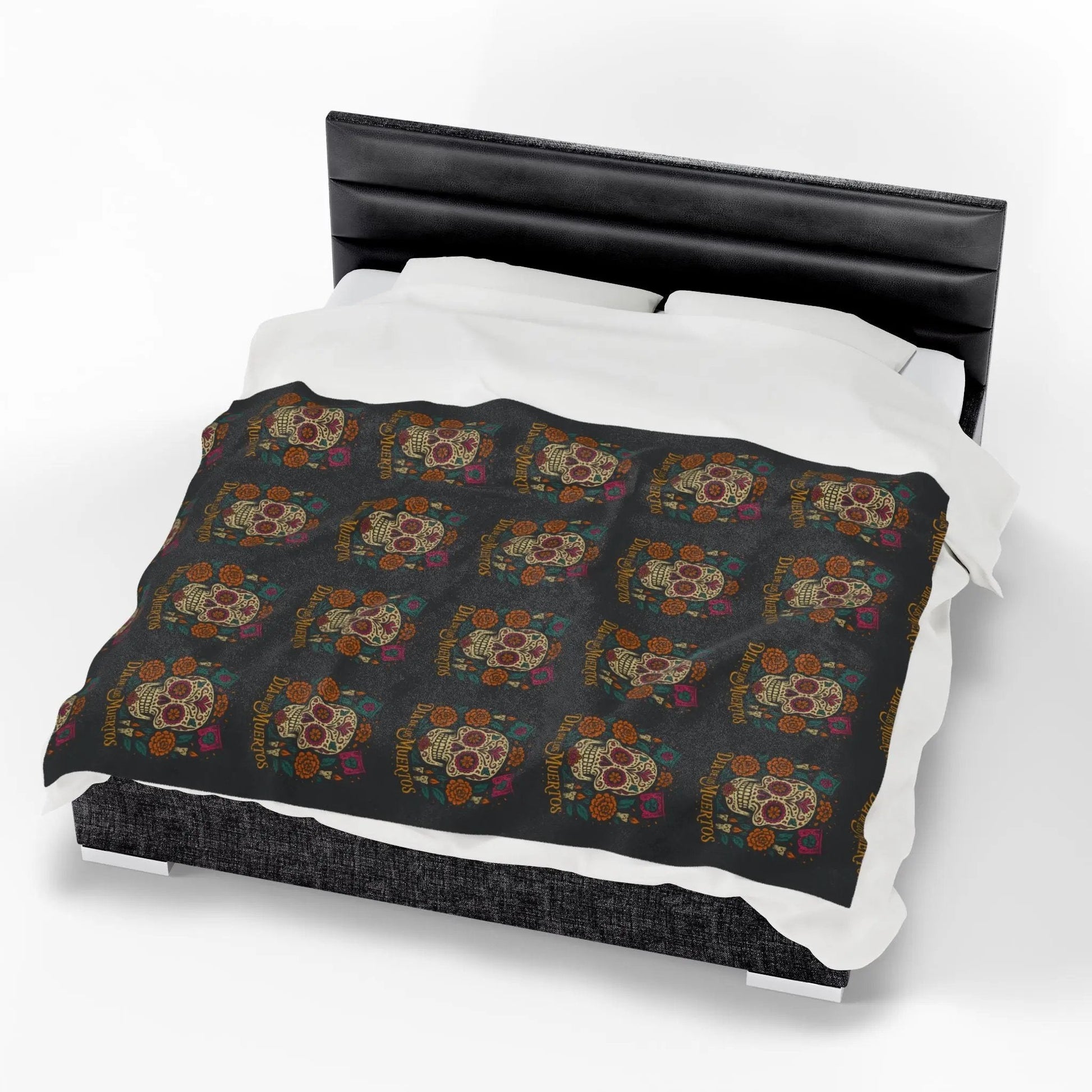 Velveteen Plush Blanket - Dia de los Muertos Skulls and Flowers Halloween Home Decor - FloofChonk