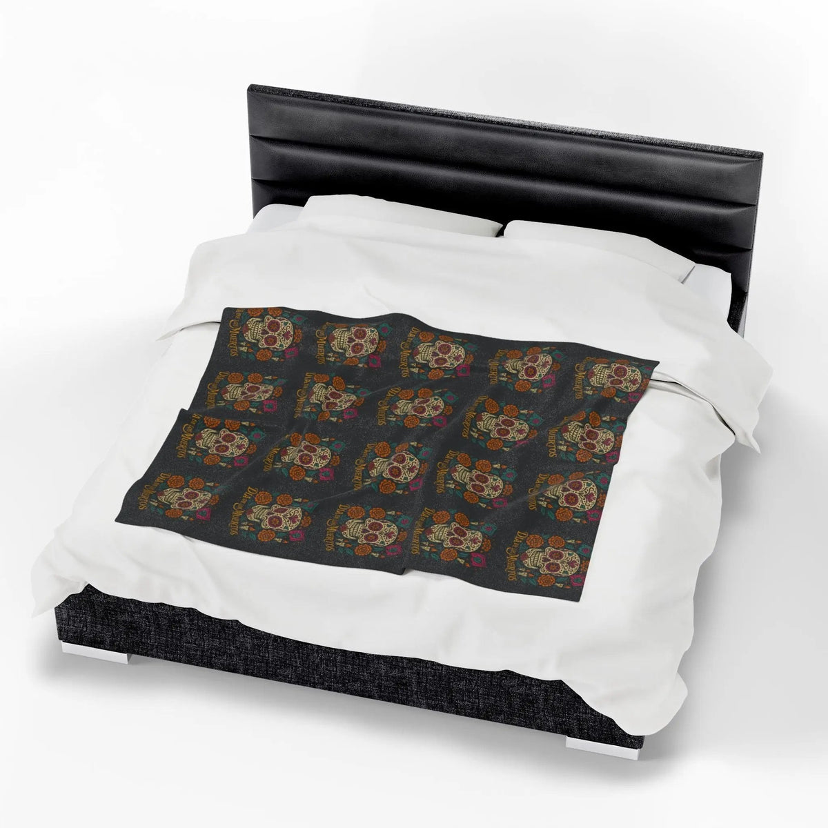 Velveteen Plush Blanket - Dia de los Muertos Skulls and Flowers Halloween Home Decor - FloofChonk