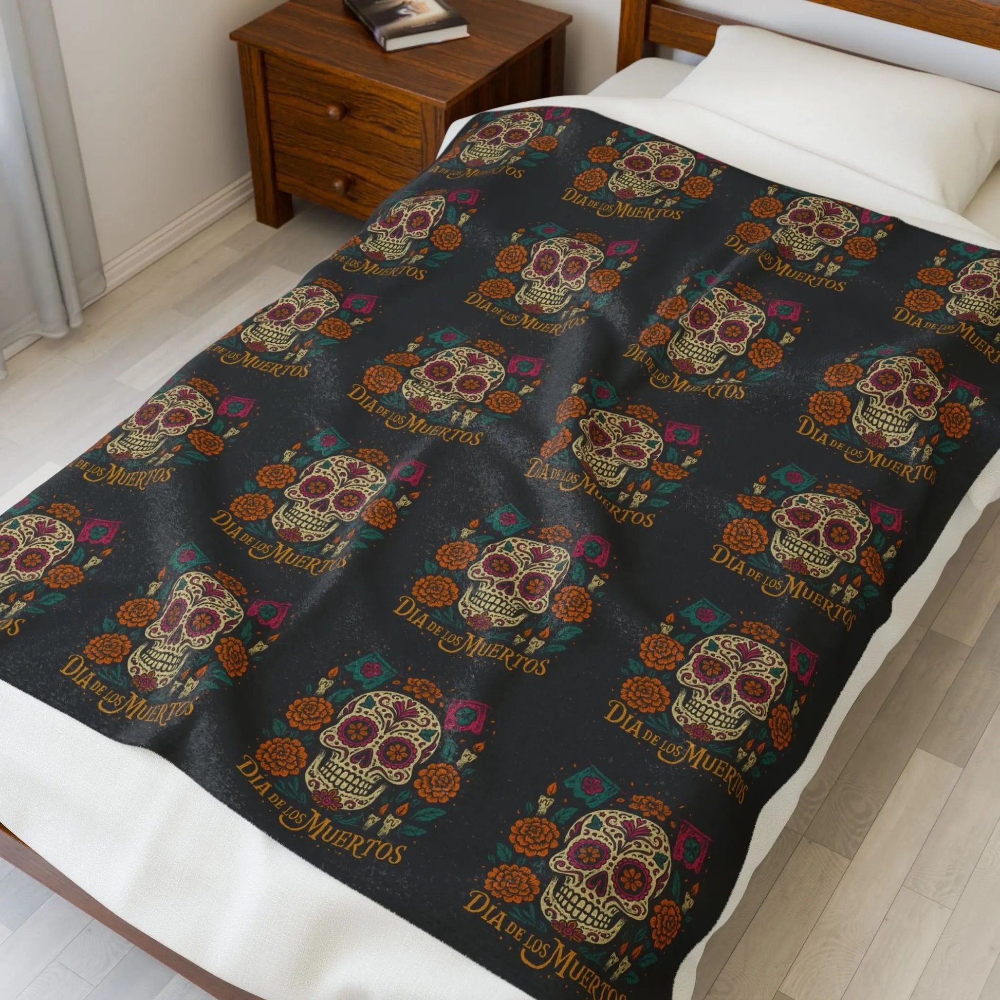 Velveteen Plush Blanket - Dia de los Muertos Skulls and Flowers Halloween Home Decor - FloofChonk