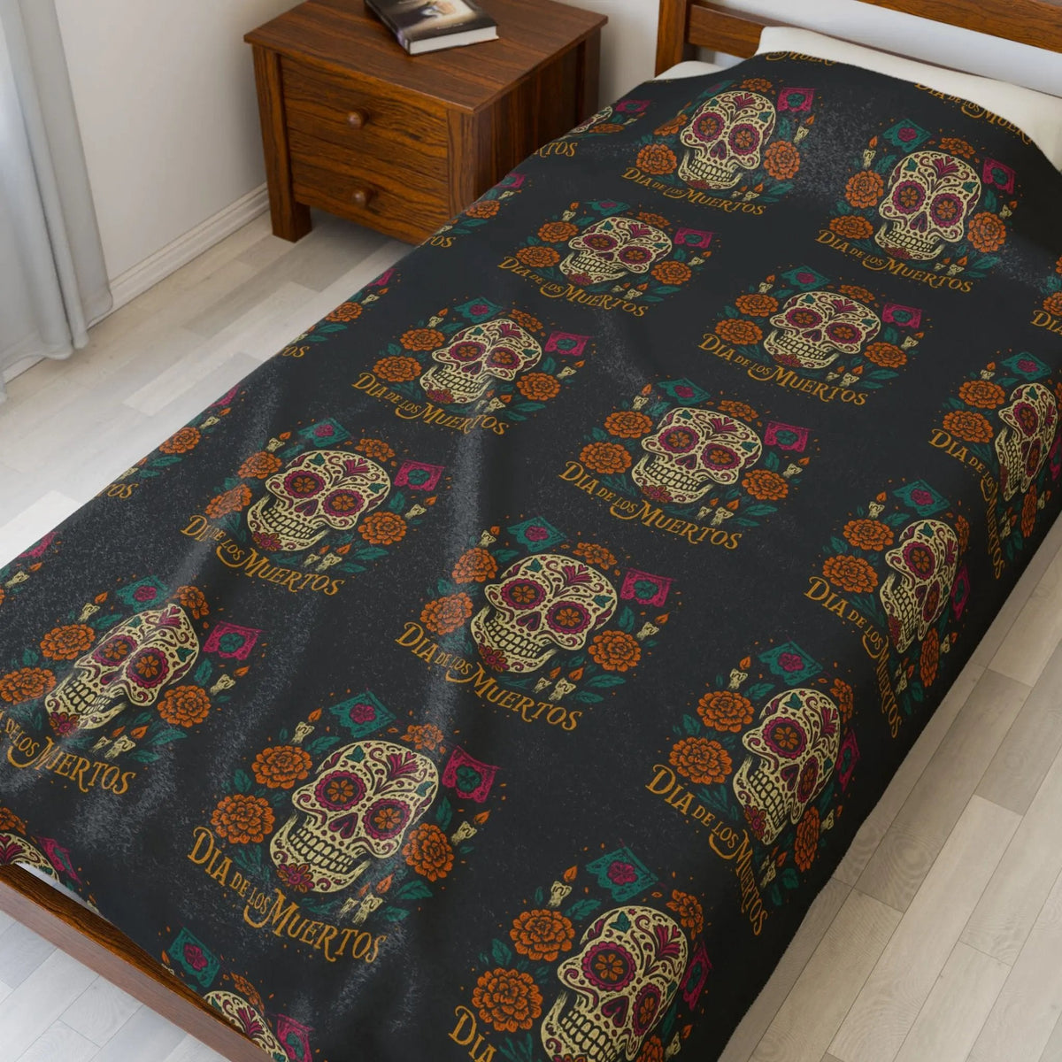 Velveteen Plush Blanket - Dia de los Muertos Skulls and Flowers Halloween Home Decor - FloofChonk