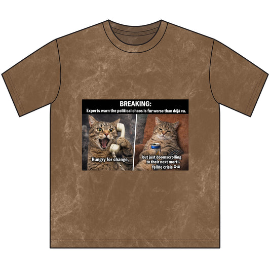 Vintage Cat Meme Tee — "BREAKING: Experts warn..." Retro Washed Graphic T-Shirt - FloofChonk