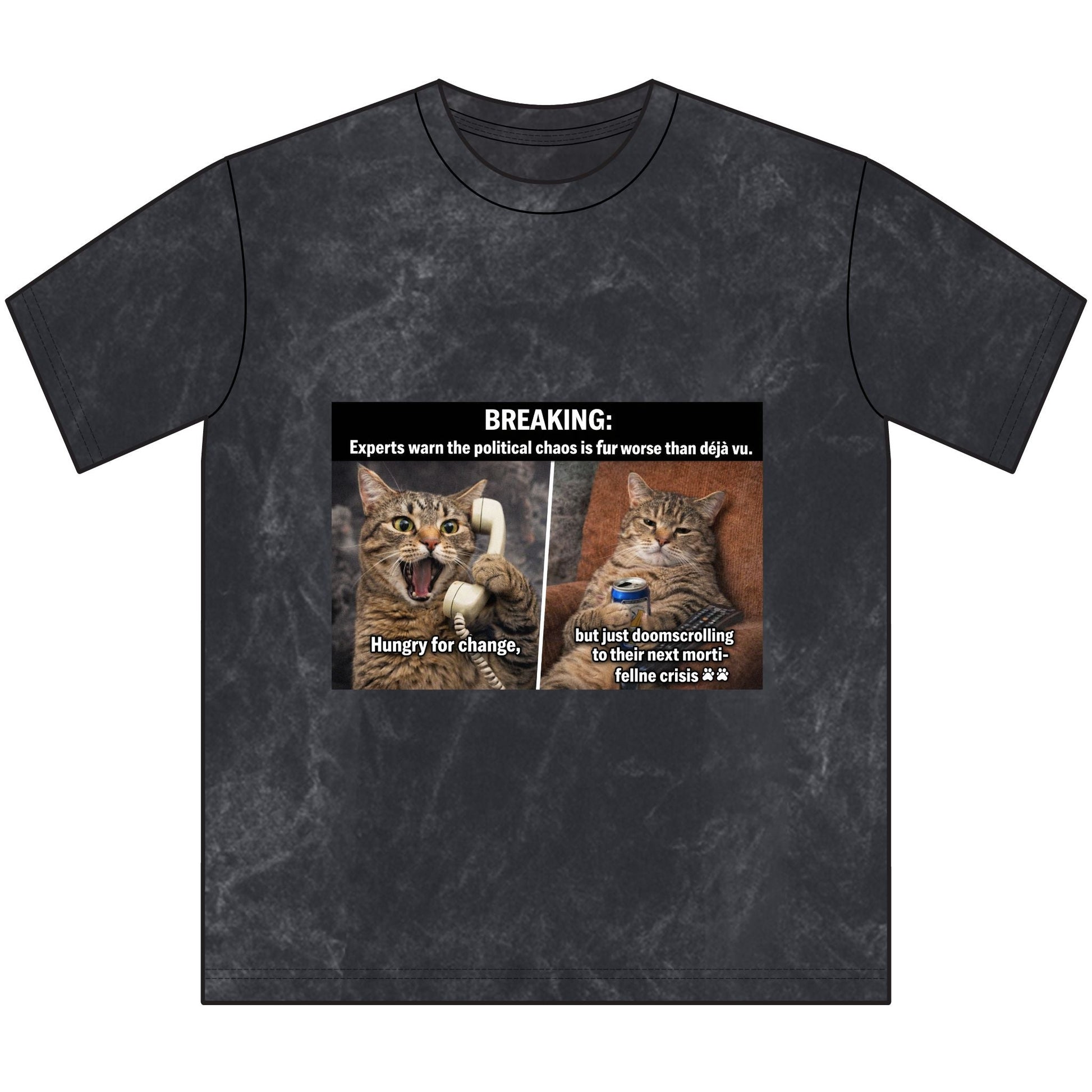 Vintage Cat Meme Tee — "BREAKING: Experts warn..." Retro Washed Graphic T-Shirt - FloofChonk